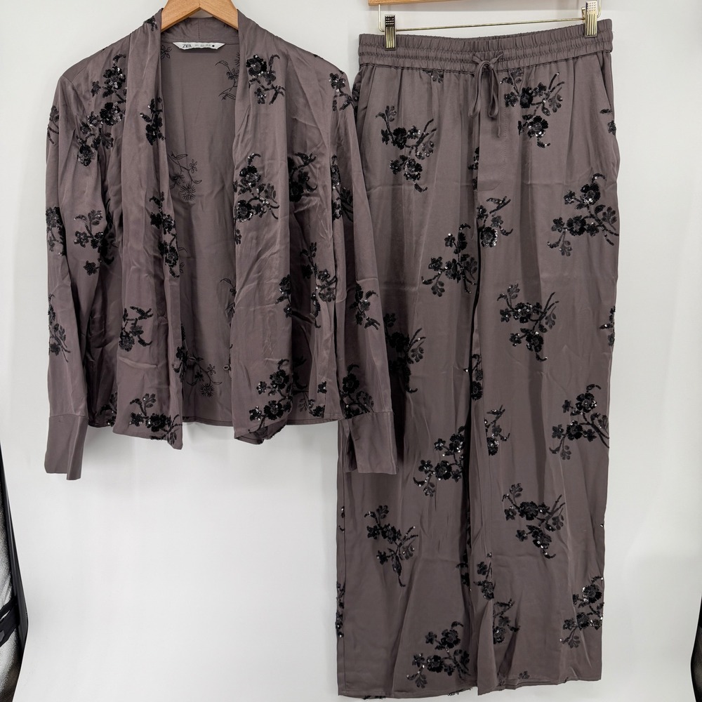 Zara Sequin Floral Embroidered 2 Piece Set Mauve Taupe Kimono Jacket Pants L M